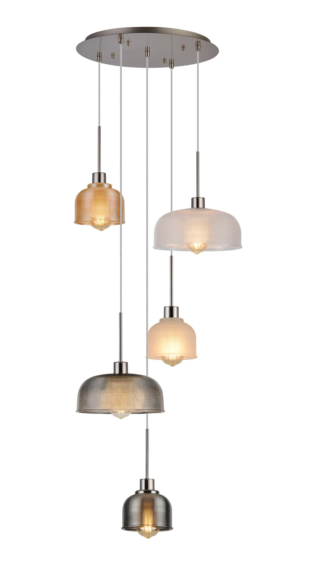 DK1388  Lori 45cm Round Pendant, 5 Light Adjustable E27, Satin Nickel/Amber/Clear/Frosted/Smoke Blue/Smoke Prismatic Dome Shades